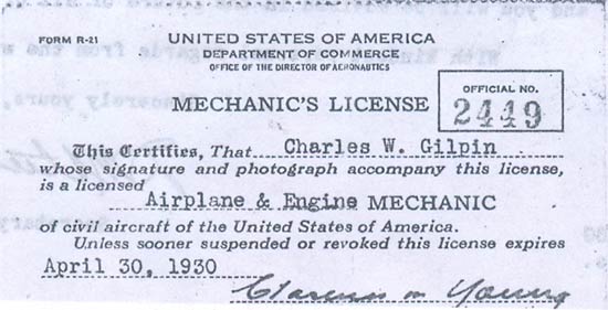 C.W. Gilpin Mechanic's License, 1930