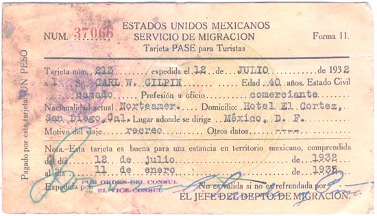 Mexico Tourist Pass, 1932