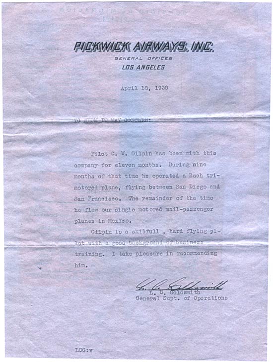 Pickwick Airways Reference, 1930