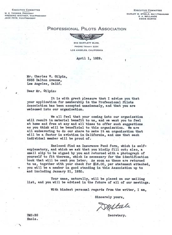 C.W. Gilpin, Professional Pilot's Association, 1929