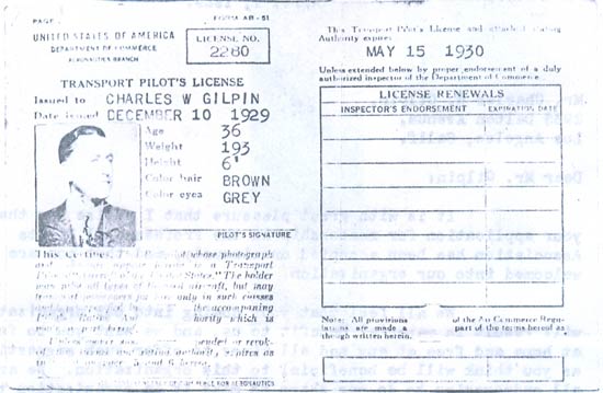C.W. Gilpin Transport Pilot License, 1929
