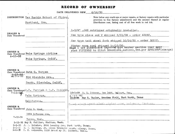 Waco KNF, NC109Y Airplane Sales and Inspection Record (Source: Heins)