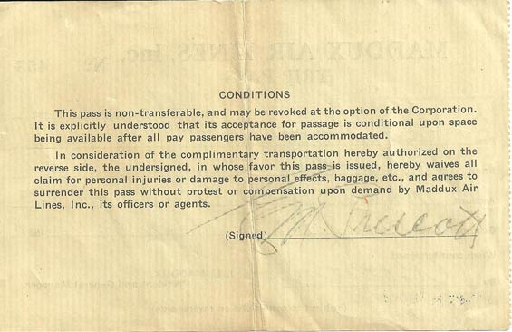 Maddux Air Lines Pass, Reverse, April 12, 1928 (Source: Park) 