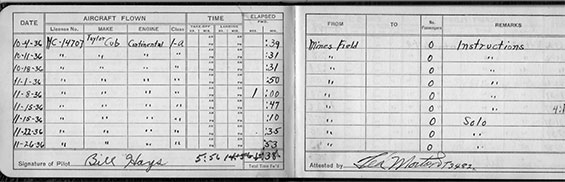 Pilot Log Book, NC14707 Flight Entries, 1936 (Source: Site Visitor)