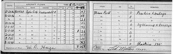 Pilot Log Book, NC14707 Flight Entries, 1936-37 (Source: Site Visitor)