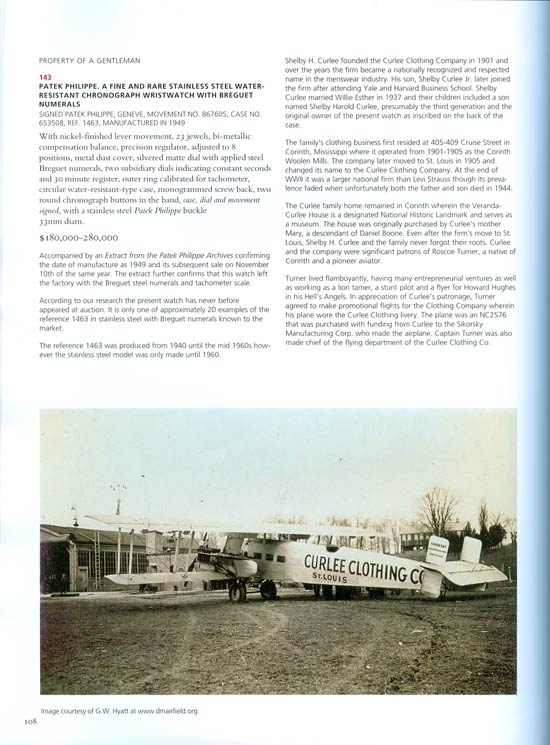 Lot 143, Patek Philippe Chronograph Wrist Watch, p. 108