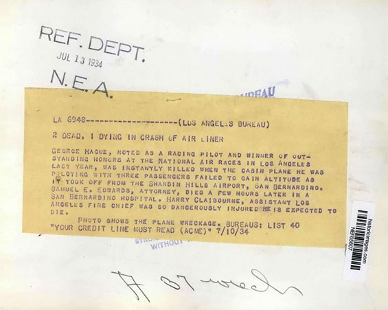 Lockheed NC32M Crash, July 9, 1934 (Source: Web)