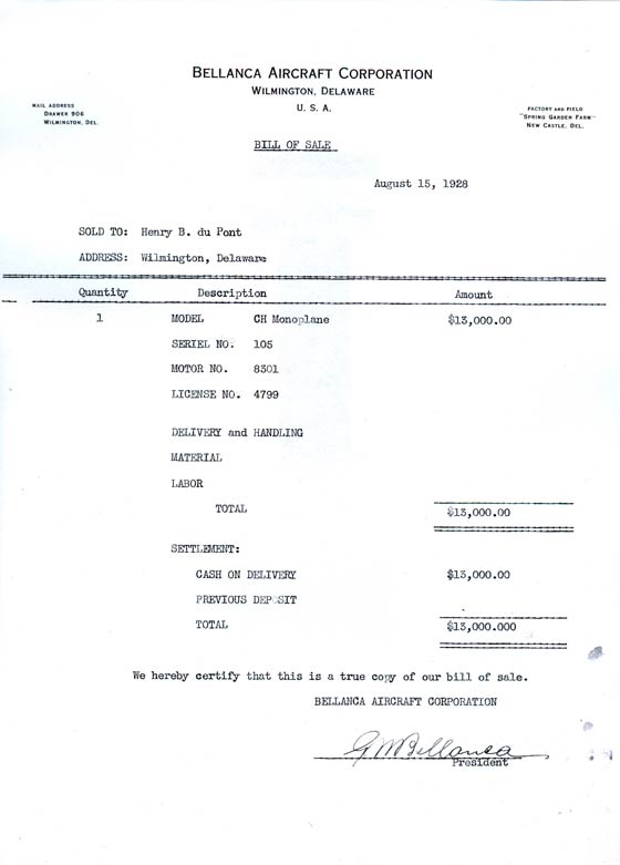 NC4799 Bill of Sale to Henri duPont, August 15, 1928 (Source: FAA)