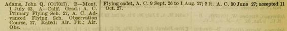 Adams' Military Record as of 1929 (Source: Woodling)