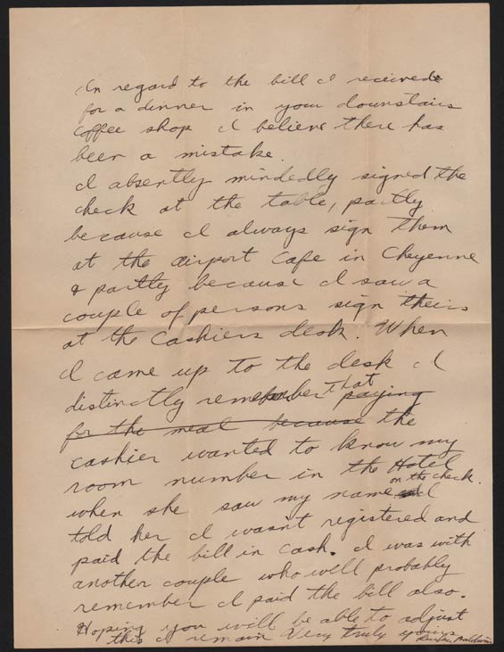 Hotel Restaurant Bill, Response, Devember 31, 1937 (Source: Denault)