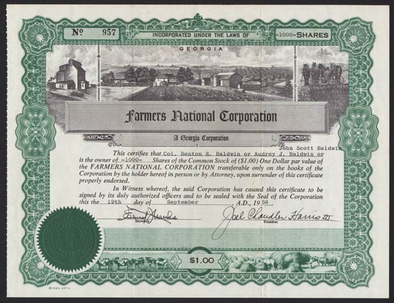 Farmers National Corporation, Stock Certificate, September 19, 1958 (Source: Denault)