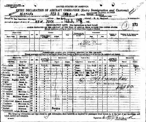 Entry Declaration, February 8, 1942 (Source: ancestry.com)