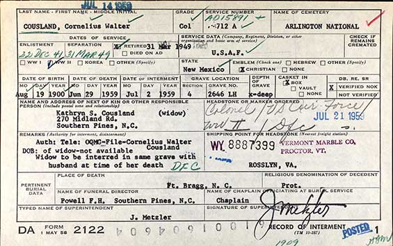 C.W. Cousland, Arlington Cemetery Interment Certificate, July 2, 1959 (Source: ancestry.com)