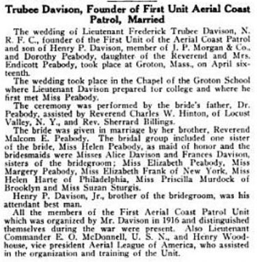 F.T. Davison Marriage Announcement, May, 1920 (Source: Flying)