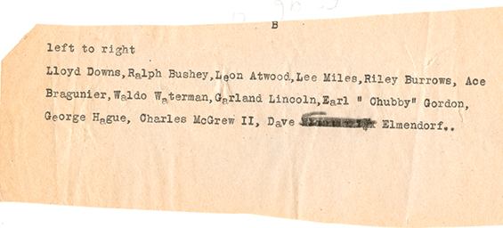 Photo Caption, Lloyd Downs (L) With Other Pilots, Dycer Airport, 1932 (Source: Underwood)