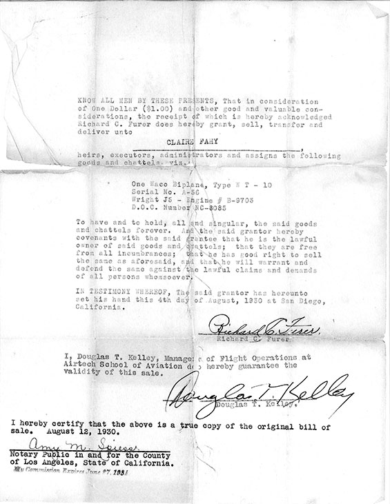 Bill of Sale for Waco NC8085, August 12, 1930 (Source: Adams)