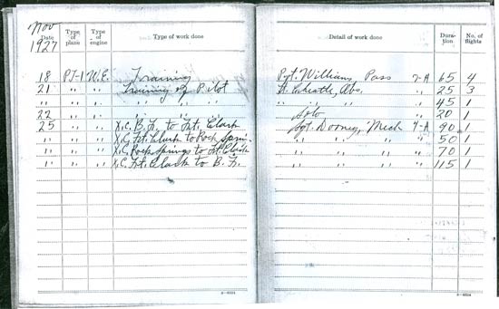 Lt. James Flannery, Pilot Log, November 1927Lt. James Flannery, Pilot Log, November 1927