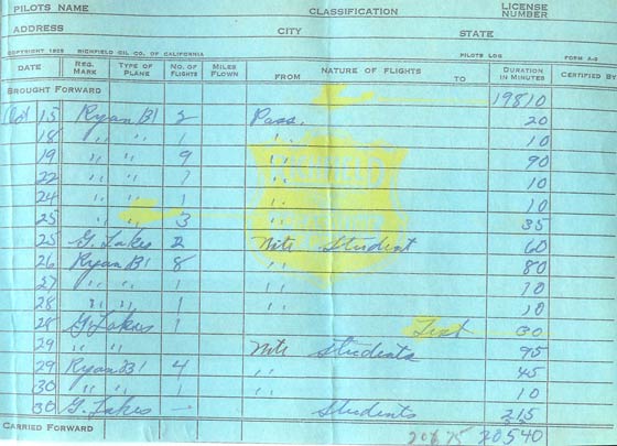 John Fornasero, Pilot Log Book, October, 1930 (Source: Fornasero Family)