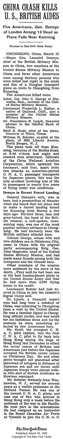 Otto C. George, China Air Crash, The New York Times, March 16, 1942 (Source: NYT)