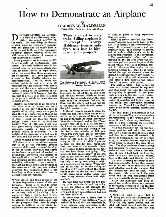 How to Demonstrate An Airplane, Popular Aviation, January, 1931 (Source: PA)