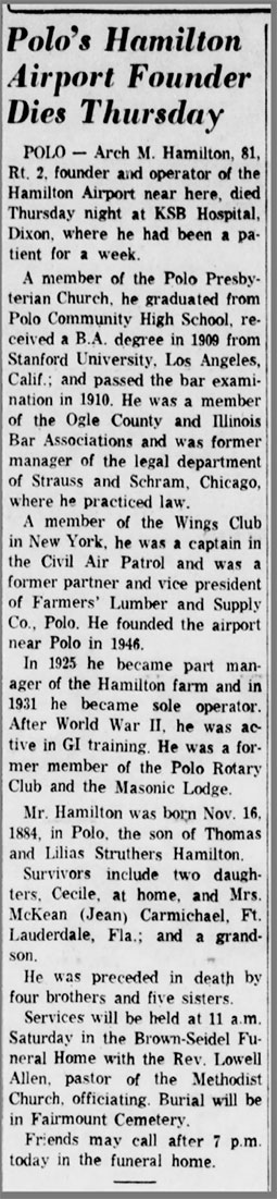 Obituary, Archibald Hamilton, June 10, 1966 (Source: newspapers.com) 