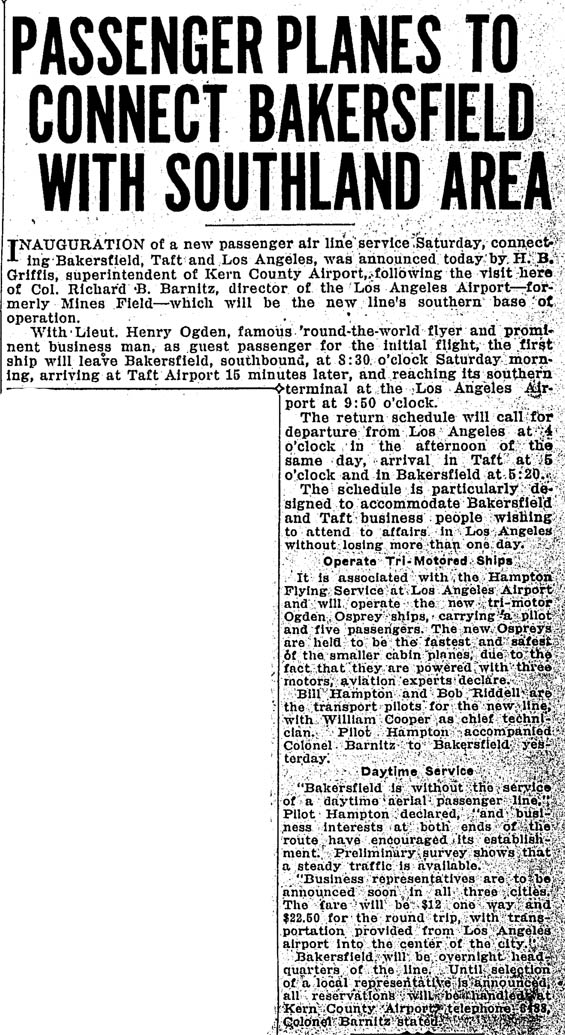 New Airline, Bakersfield Californian, November 13, 1930 (Source: Gerow)