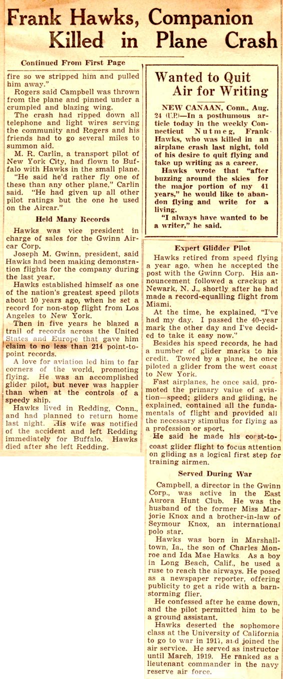 Hawks Crash, August 24, 1938, News Source Unknown (Source: Kranz)