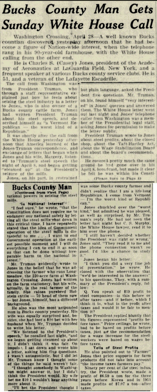 Unsourced Report of Jones-Truman Correspondence, April 1952 (Source: Woodlilng)