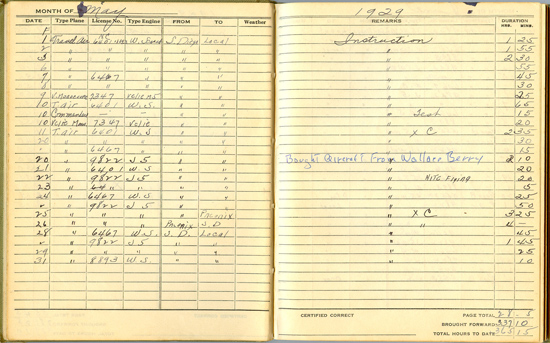 D.T. Kelley Pilot Log, May, 1929