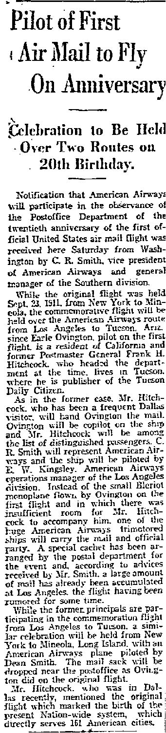 Air Mail Anniversary, Unsourced News Article, 1931 (Source: Woodling)
