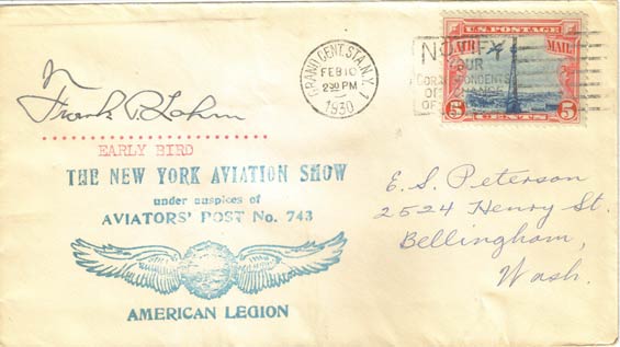 U.S. Postal Cachet, February 10, 1930 (Source: Staines)