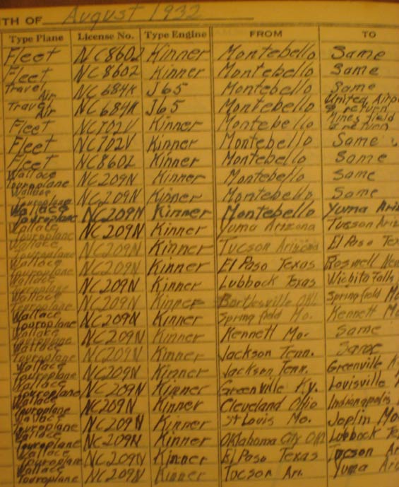 Tony LeVier, Pilot Log, August-September, 1932 (Source: Logan)