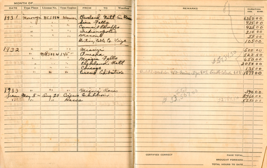 Earnings Page from 1929-1942 Pilot Log Book 