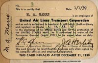 Maurice Marrs United Airlines Identification Card, 1939 (Source: Havrilla)