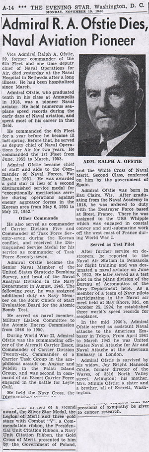 R.A. Ofstie Obituary, November 19, 1956, Washington Star (Source: NASM)
