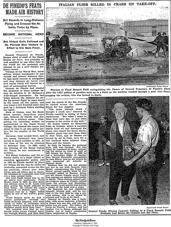 Aftermath of de Pineodo's Record Attempt and Crash, The New York Times, September 3,1933 (source: NYT)
