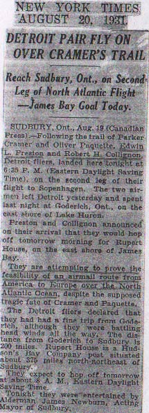 Transoceanic Mail Route Attempt, New York Times August 20, 1931 (Source: NASM)