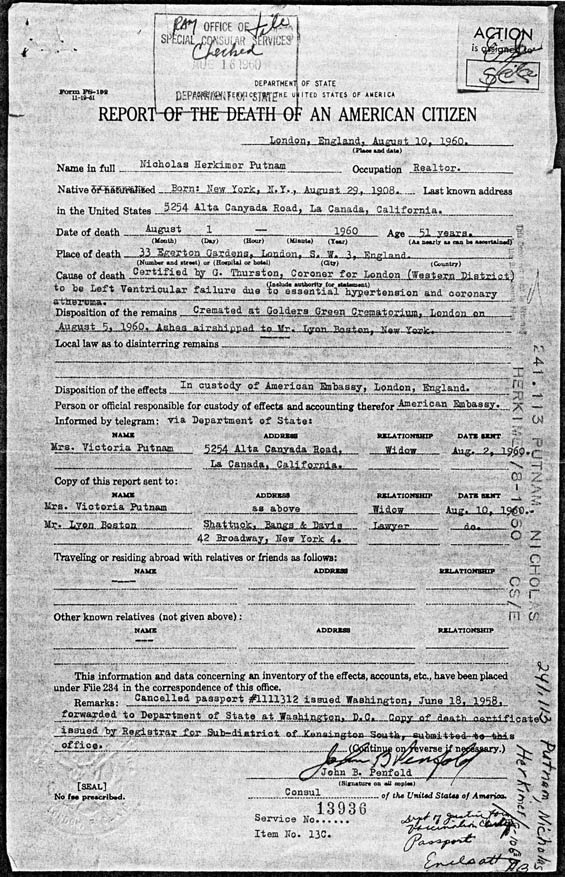 Nicholas H. Putnam Death Certificate, August 1, 1960 (Source: Woodling)