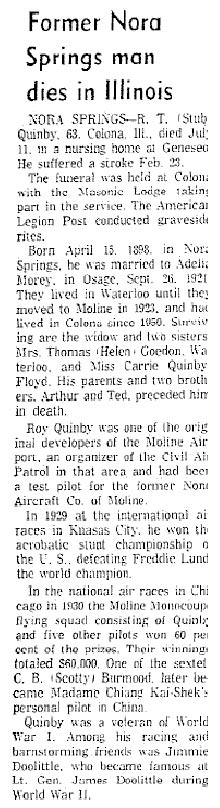 Obituary, Mason City (IA) Globe-Gazette, Saturday, July 22, 1961 (Source: Woodling)