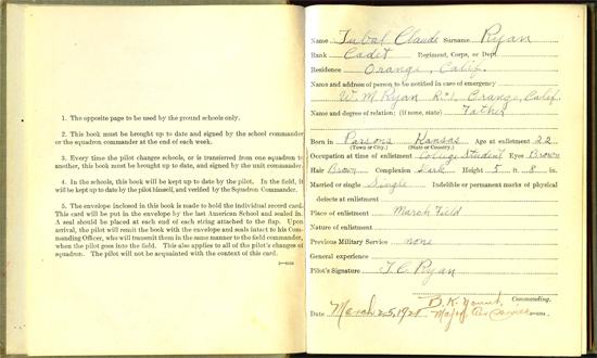 T.C. Ryan, Pilot Log, 1920-21