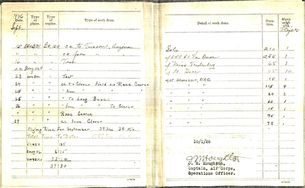 Ned Schramm's Pilot Log for September, 1926