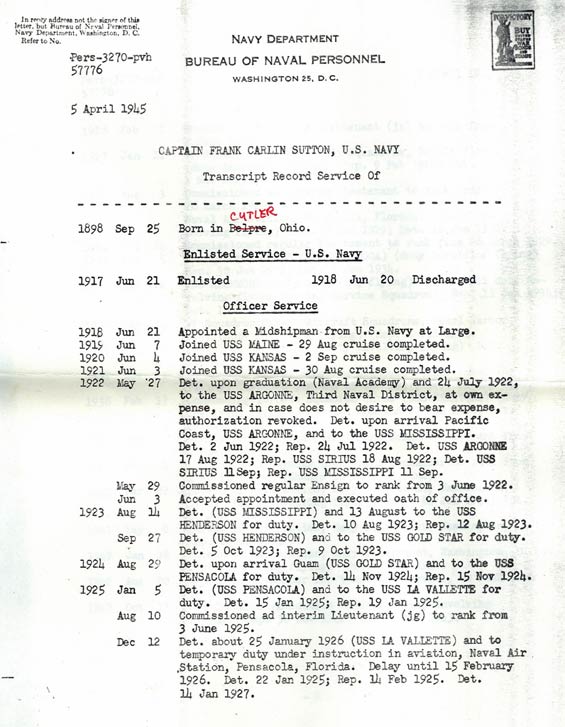 Frank Carlin Sutton, Service Record (Source: Web)