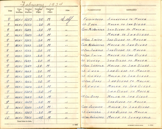 Frederick Trapnell Flight Log, February, 1934