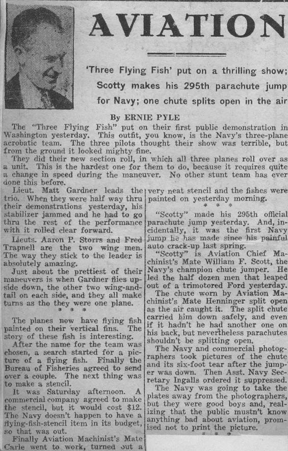 Undated & Unsourced News Article by Ernie Pyle, "Three Flying Fish," Ca. 1930 (Source: Carle)