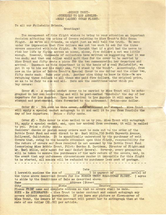 Solicitation Letter for Postal Cachets, Ca. November , 1929 (Source: Staines) 