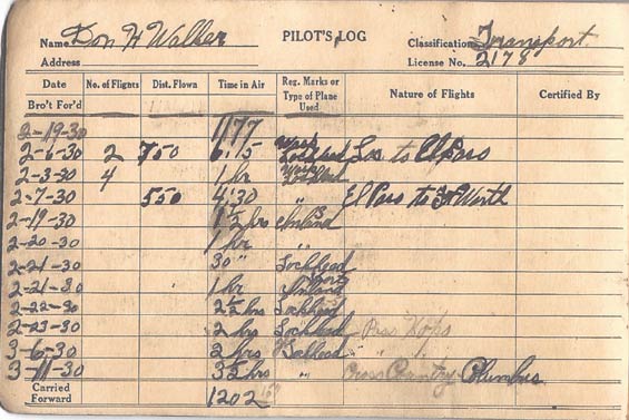 Donald Walker, Pilot Log, February 19-March 11, 1930 (Source: Gibson)