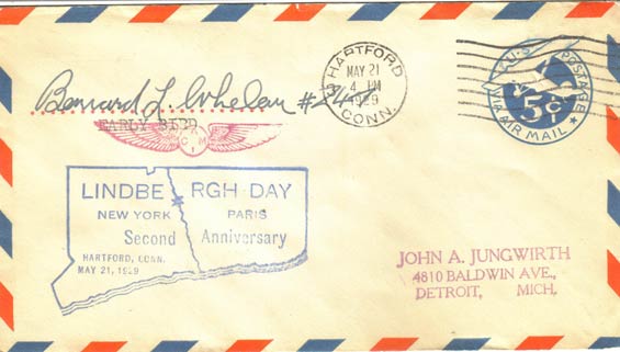 Bernard Whelan, U.S. Postal Cachet, May 21, 1929 (Source: Staines)