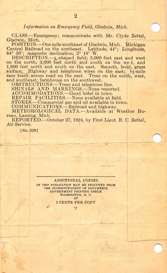 Aeronautical Bulletin, May 1, 1925, Gladwin Emergency Field (Source: Zettel Family Album)